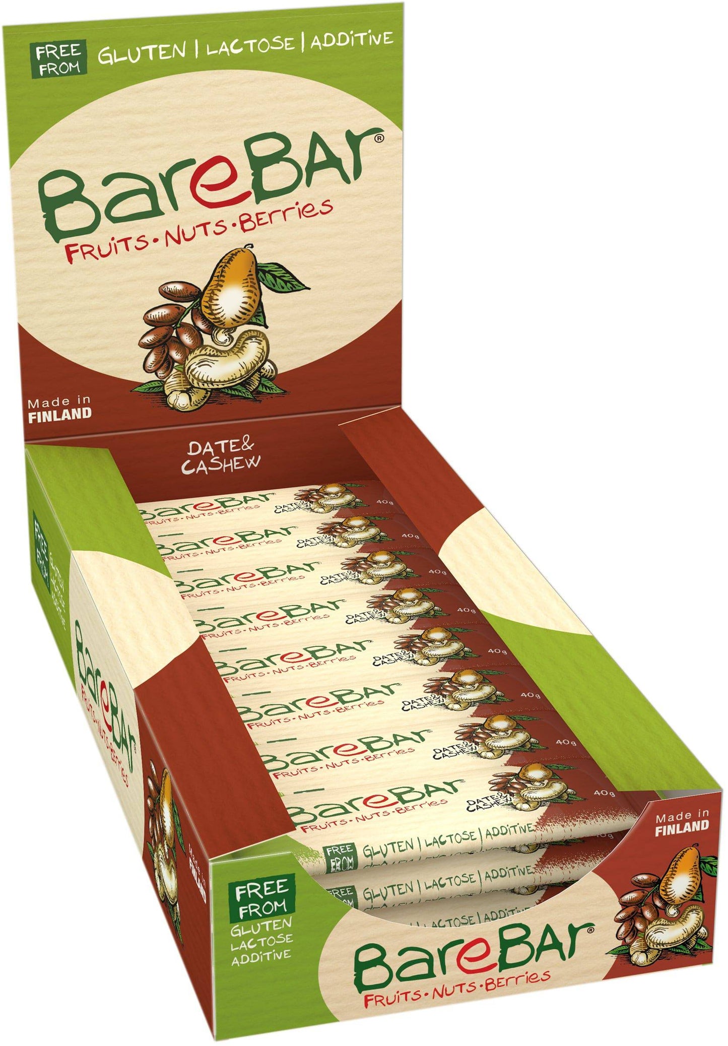 BareBar Taateli-Cashewpähkinäpatukka 24 x 40 g tukkupakkaus|BareBar 枣椰腰果坚果棒 24 x 40克 批发装