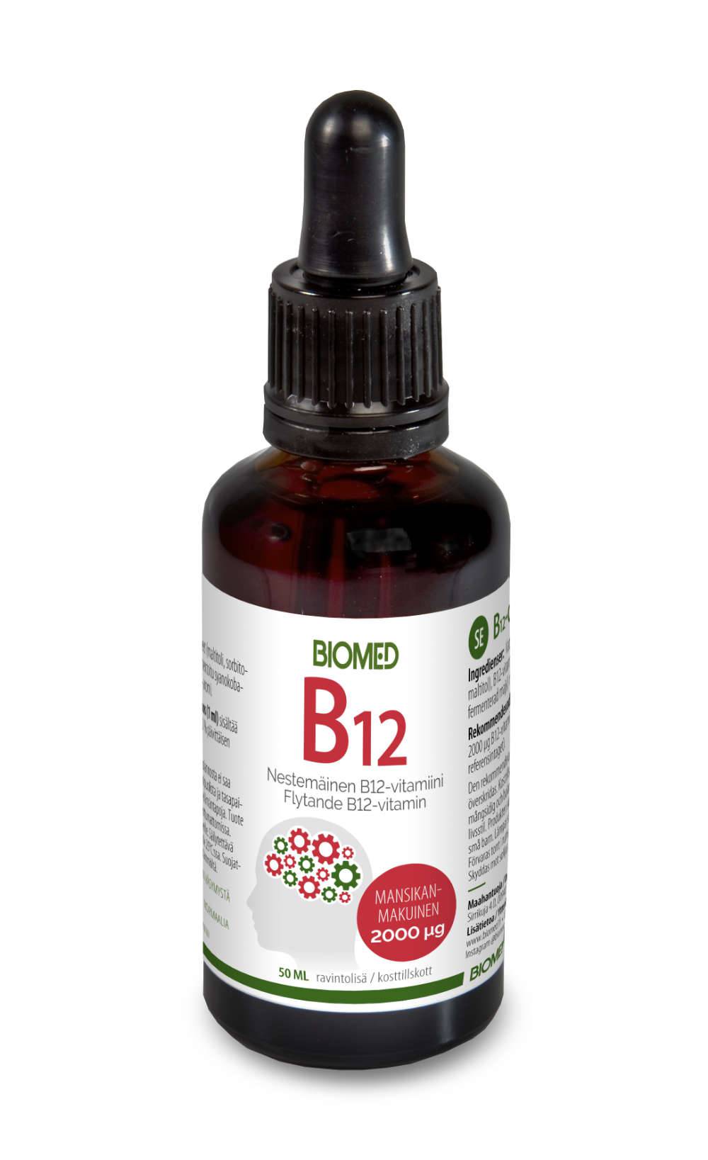 Biomed B12-tipat 2000 µg - Mansikanmakuinen B12-vitamiini 50 ml|Biomed B12滴剂2000微克 - 草莓味B12维生素 50 ml