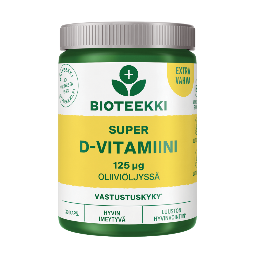 Bioteekin Extra Vahva Super D-vitamiini 125 μg 30 kaps. - päiväys 30/08/2026 - erä|Bioteekki Biotek 特强超级维生素 D 125 微克 30 粒胶囊。 - 日期 30/08/2026 - 批次