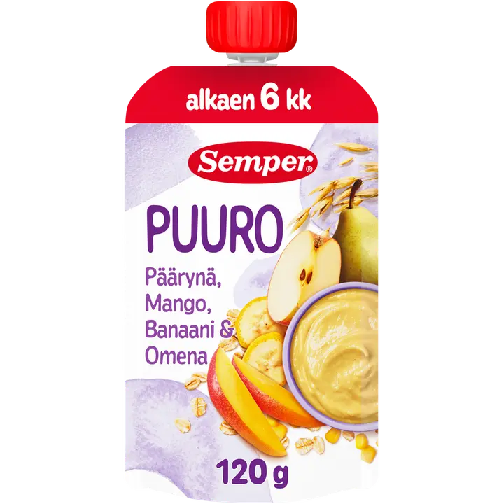 Semper Puuro Päärynä, mango banaani & omena 6kk käyttövalmis lastenpuuro 120g|Semper 粥 梨芒果香蕉苹果6个月即食儿童粥 120g