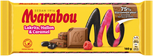 Marabou 甘草、覆盆子与焦糖巧克力板 160g|Marabou Lakrits, hallon&caramel suklaalevy 160g