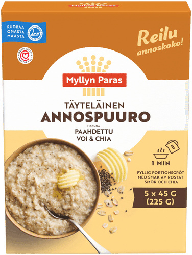 Myllyn Paras Täyteläinen Annospuuro Makuna Paahdettu Voi & Chia 5x45g|Myllyn Paras 浓郁即食粥 烤黄油奇亚籽味 5x45g
