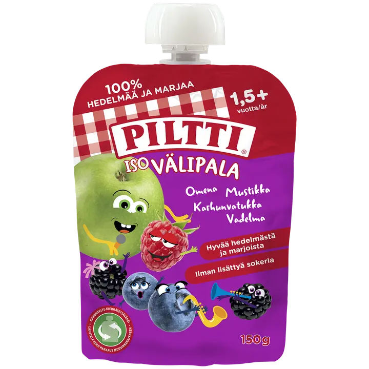 PILTTI Iso Välipala 150g Omena-Mustikka, Vadelma, Karhunvatukka 1,5+v annospussi|Piltti Big Snack 150 克苹果-蓝莓、覆盆子、黑莓 1.5+y 份袋