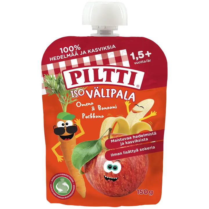 Piltti 150g Iso välipala Omena-banaani-porkkana 1,5+v annospussi|Piltti 150克大零食苹果-香蕉-胡萝卜1.5年以上份量袋