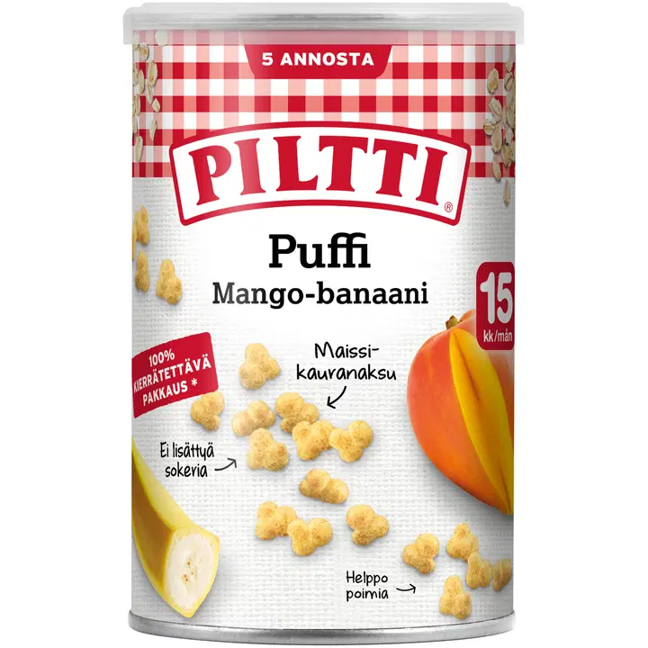 PILTTI Puffi 35g Mangon ja banaanin makuisia maissi- ja kauranaksuja 15kk|Piltti Puffi 35g 芒果香蕉味玉米燕麦零食 15 个月