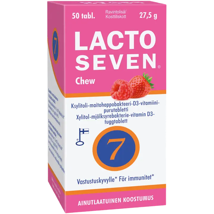 Lacto Seven Chew ksylitoli-maitohappobakteeri-D3-vitamiini-purutabletti 50 tabl.-Lacto Seven 咀嚼木糖醇-乳酸菌-维生素D3咀嚼片50片。