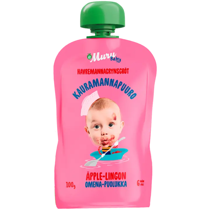 Muru Baby Luomukauramannapuuro, omena ja puolukka, alkaen 6 kk, 100 g|Muru Baby 有机燕麦片、苹果和越橘,6 个月以上, 100 g