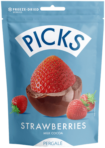 Dragee PICKS pakastekuivatut mansikat maitosuklaanmakuisella kuorrutuksella 90g