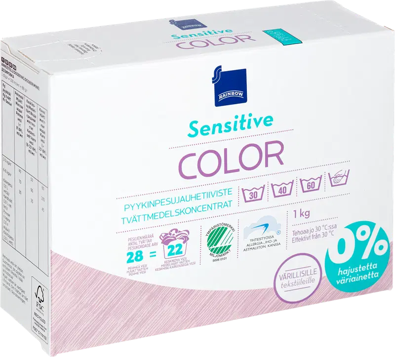 Rainbow 敏感肌彩色衣物浓缩洗衣粉 1kg|Rainbow Sensitive Color pyykinpesujauhetiiviste kirjopyykille 1kg