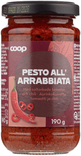 Coop 阿辣比亚酱 日晒番茄和辣椒 190 g|Coop Pesto All' Arrabbiata aurinkokuivattu tomaatti ja chili 190 g