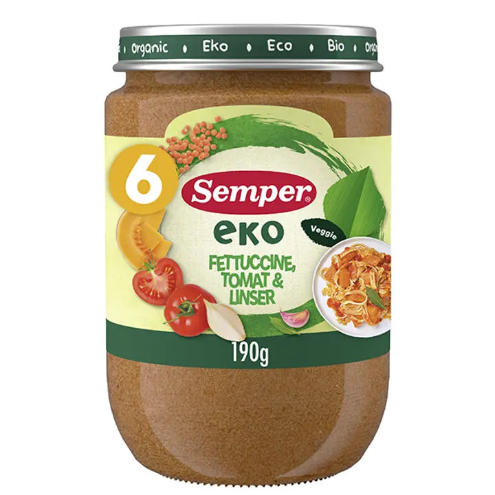 Semper EKO Fettucine, tomaattia & linssejä 6kk luomu lastenateria 190g|Semper EKO 宽面条、番茄和扁豆 6 个月有机儿童餐 190g