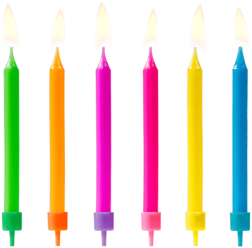 Kakkukynttilät neonväriset, 6 värin sekoitus, koko n. 6,5 cm, setti sisältää 6 kynttilää ja 6 pidikettä.
