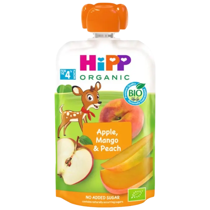HiPP 100g Luomu Smoothie Persikkaa, Mangoa&Omenaa 4kk|HiPP 100 克有机桃子、芒果和苹果冰沙 4 个月