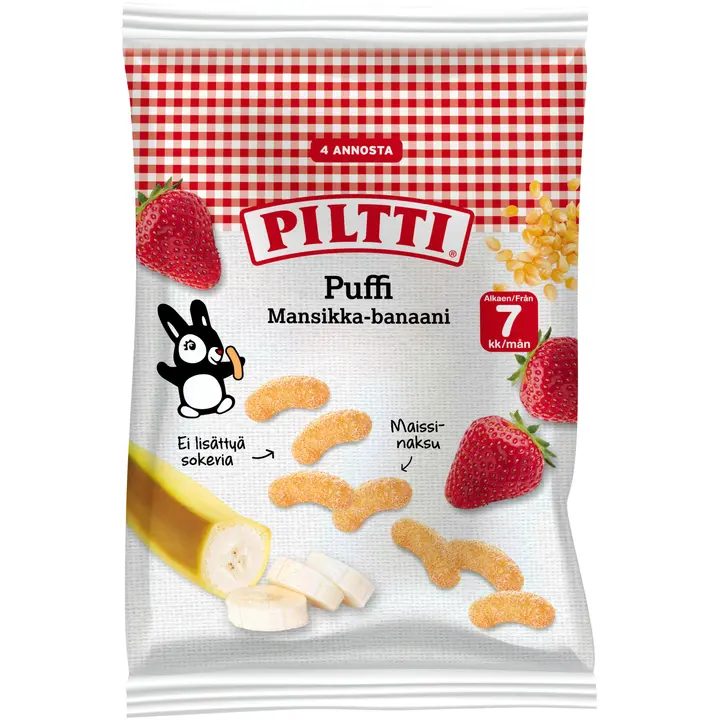 Piltti Puffi 28g Mansikan ja Banaanin makuisia maissinaksuja 7kk|Piltti Puffi 28g 草莓香蕉味玉米零食 7 个月