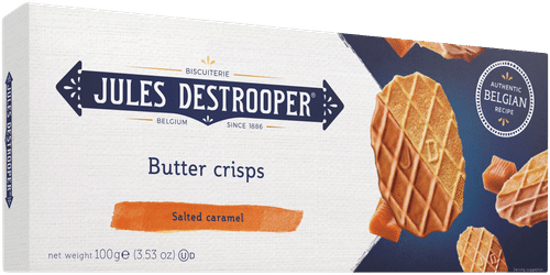 Jules Destrooper 黄油脆咸焦糖 100g,黄油威化饼覆咸焦糖层|Jules Destrooper Butter Crisp Salted Caramel 100g, Voivohveli päällystetty suolatulla karamelliyhdistelmällä