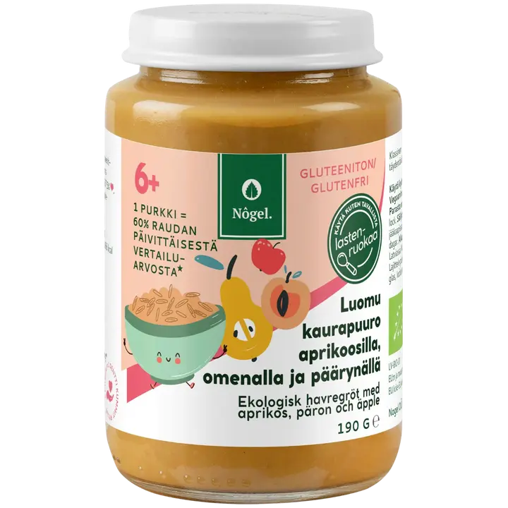 Nôgel luomu kaurapuuro aprikoosilla, päärynällä ja omenalla, 190 g|Nôgel 有机燕麦片配杏、梨和苹果, 190 g