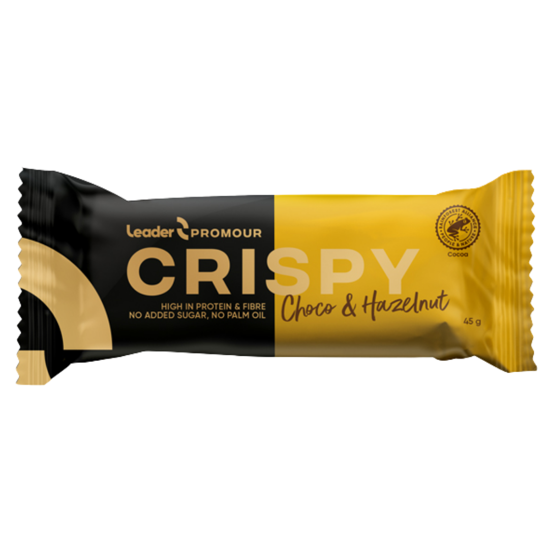 Leader Promour脆脆巧克力榛子-蛋白棒45克-保质期2026年9月17日-批次|Leader Promour Crispy Choco & Hazelnut - Proteiinipatukka 45 g - päiväys 17/09/2026 - erä