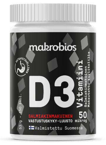 维生素D3 甘草味 50微克 - 咀嚼片150片|Makrobios D3 Vitamiini Salmiakki 50 μg - pureskeltava 150 tabl.