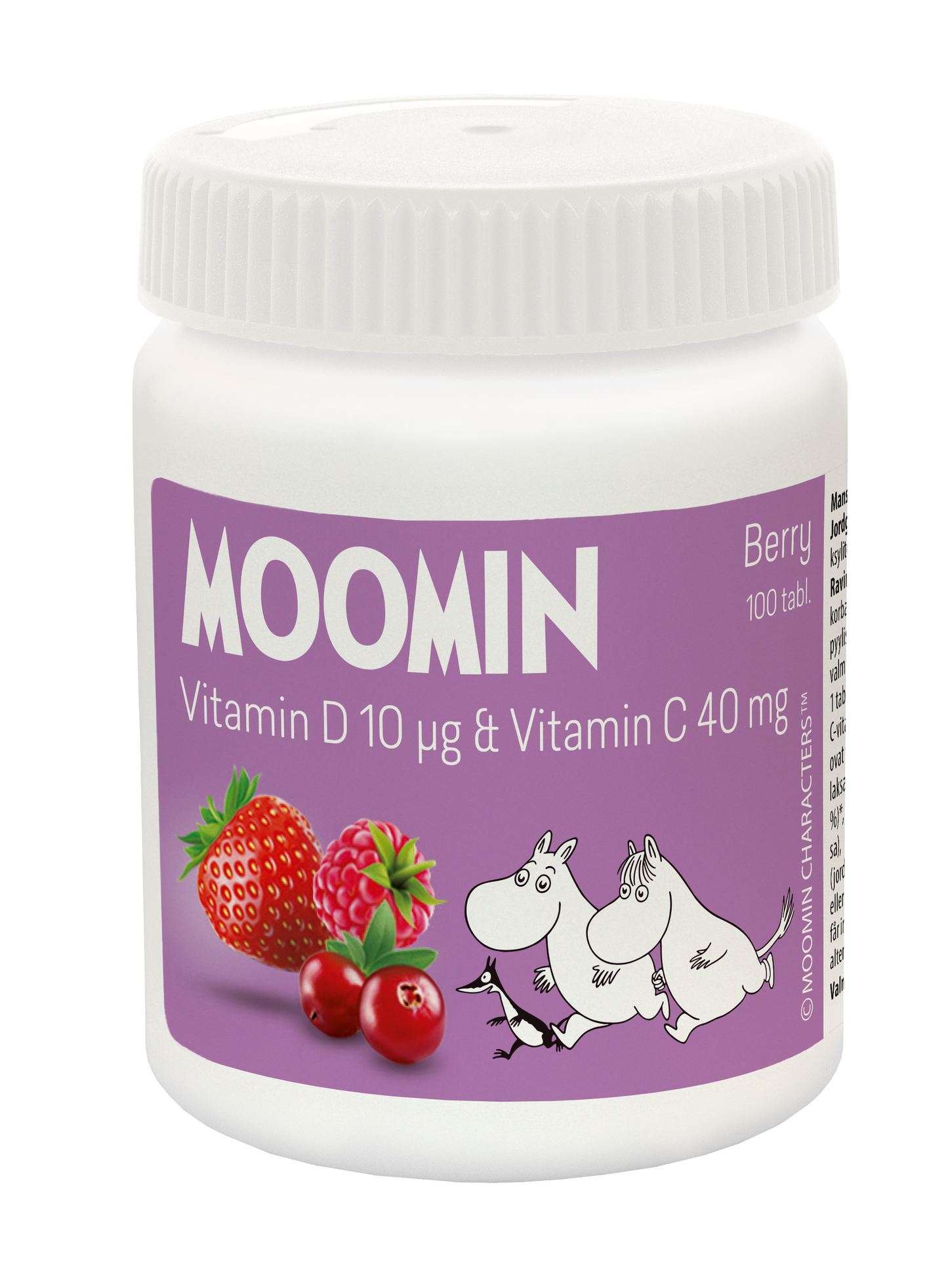 Moomin Vitamin D 10 µg & Vitamin C 40 mg Berry - D & C-Vitamiini Purutabletti 100 tabl.|Moomin 维生素 D 10 µg 和维生素 C 40 毫克 浆果 - D 和 C-维生素咀嚼片 100 片。