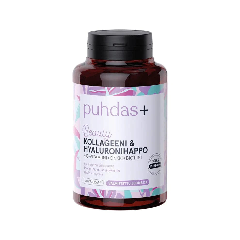 Puhdas+ Beauty Kollageeni & Hyaluronihappo 120 kaps.|Puhdas+ 美容胶原蛋白和透明质酸 120 粒胶囊。
