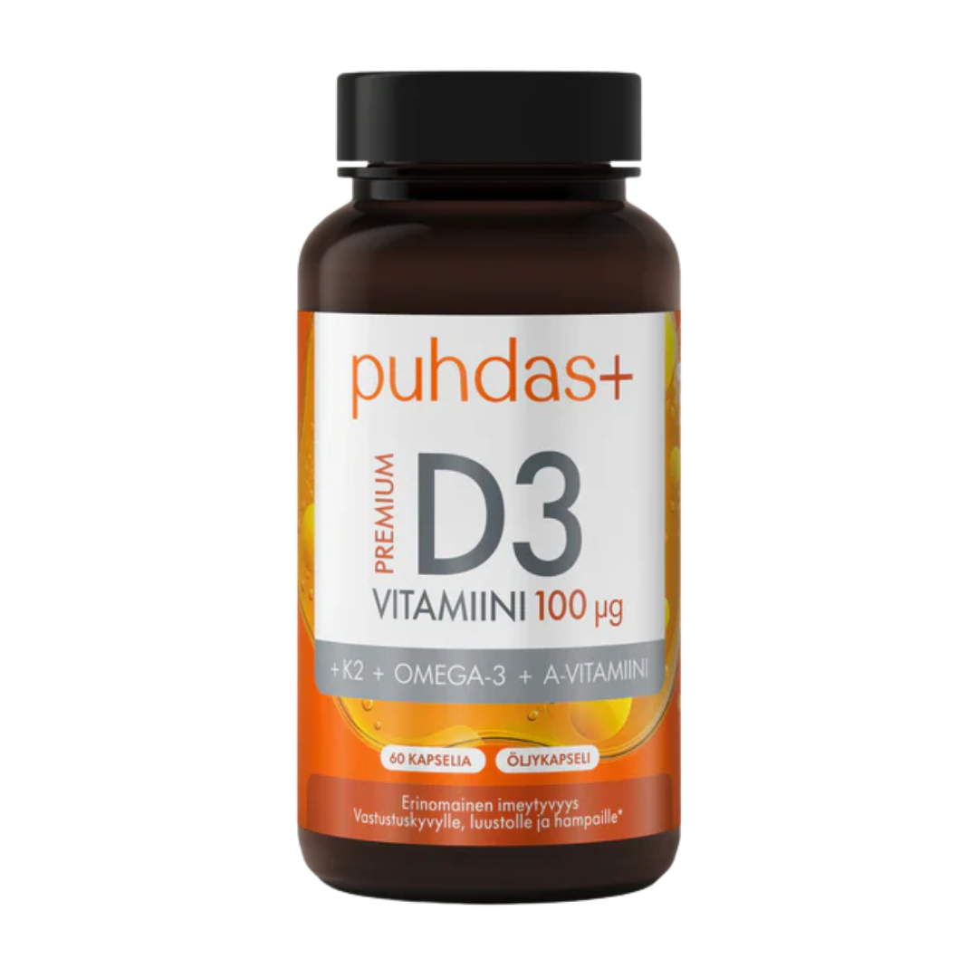 Puhdas+ 优质维生素D3 100微克 60粒|Puhdas+ Premium D3-vitamiini 100 µg 60 kaps.