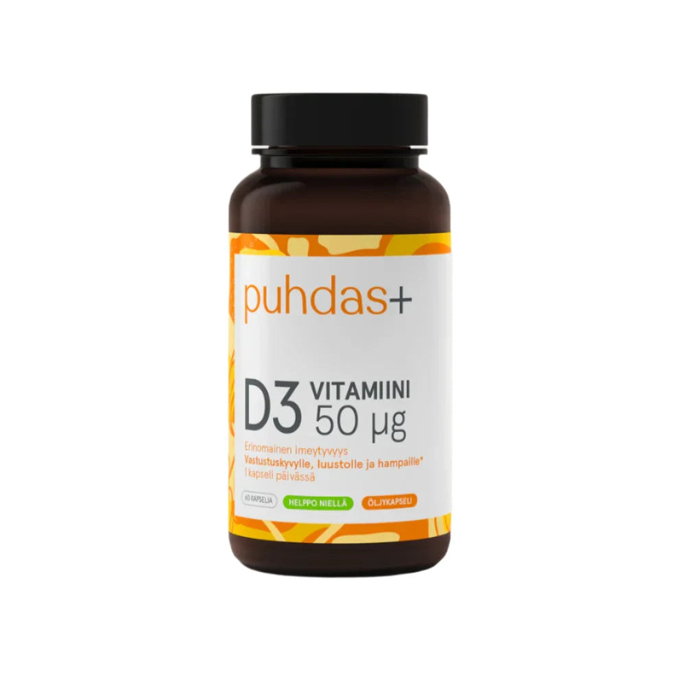 Puhdas+ 维生素D3橄榄油 50微克 60粒|Puhdas+ D3-vitamiini Oliiviöljy 50 µg 60 kaps.