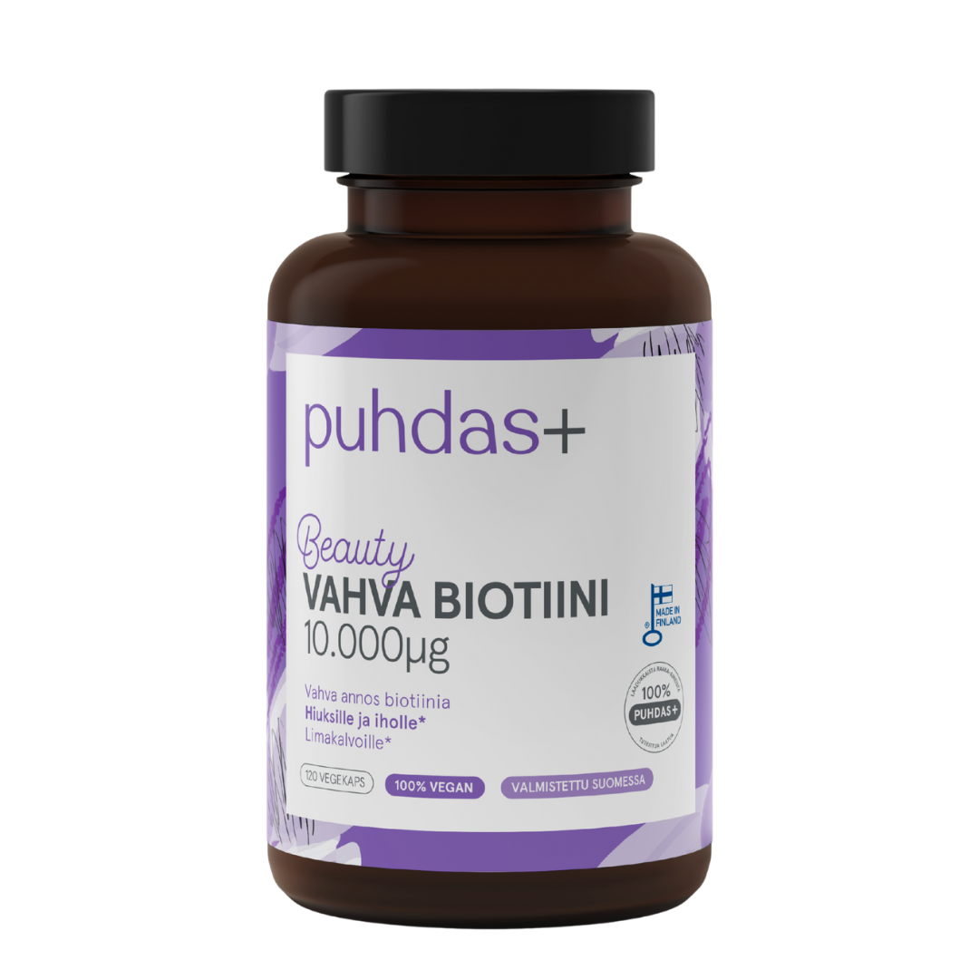 Puhdas+ Beauty Vahva Biotiini 10 000 µg 120 vegekaps.|Puhdas+ Beauty Strong 生物素 10,000 µg 120 粒素食胶囊。