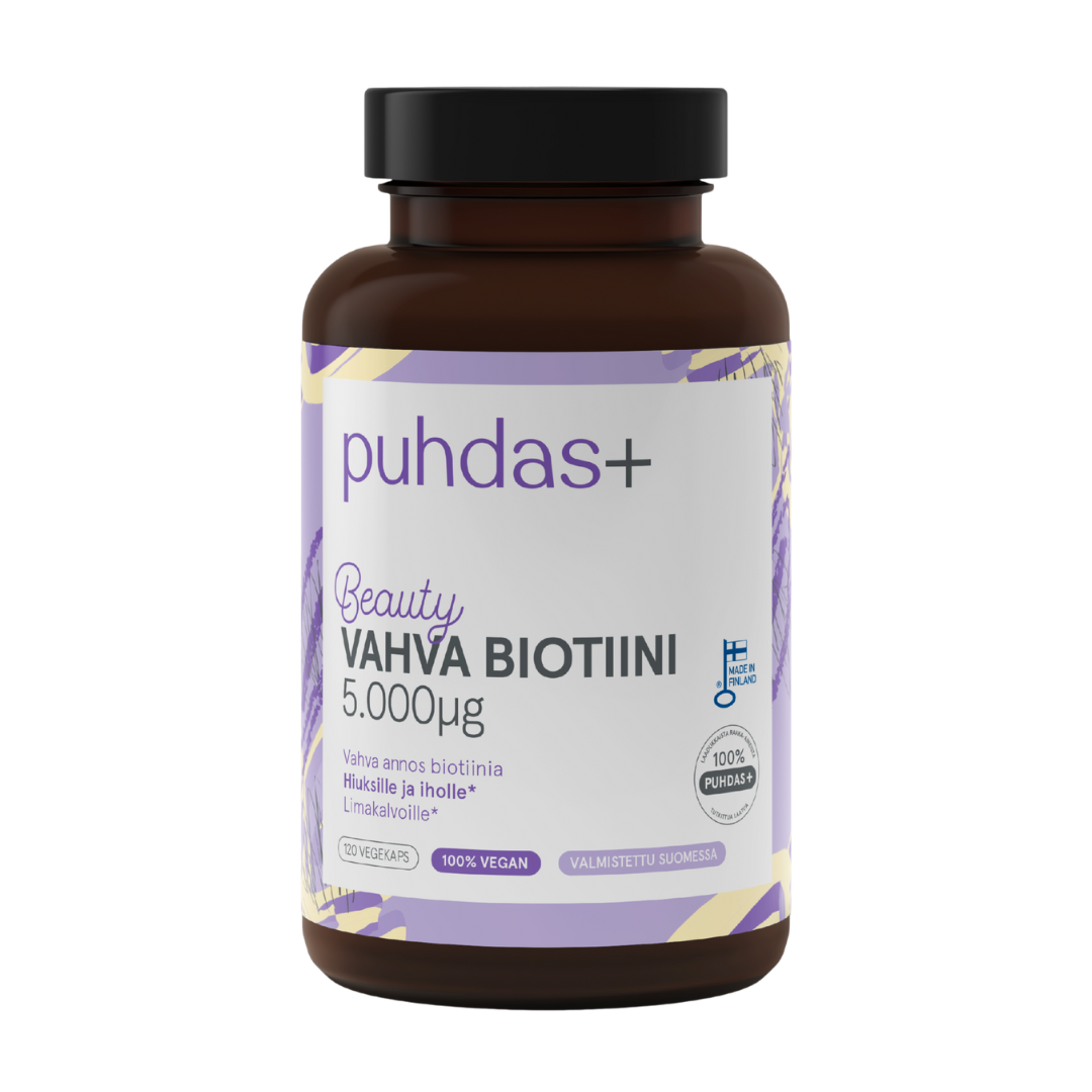 Puhdas+ Beauty Vahva Biotiini 5.000 µg 120 vegekaps.|Puhdas+ Beauty Strong 生物素 5,000 µg 120 粒素食胶囊。