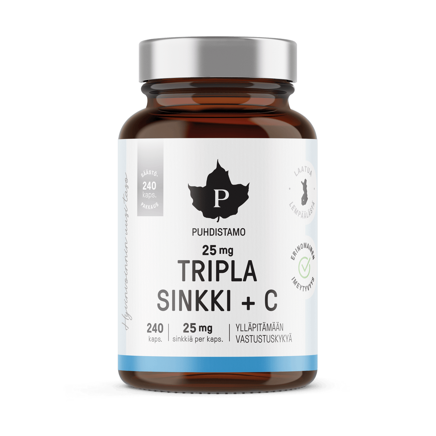 Puhdistamo 三倍锌+维生素C 25毫克 经济装 240粒|Puhdistamo Tripla Sinkki + C 25 mg SÄÄSTÖPAKKAUS 240 kaps.