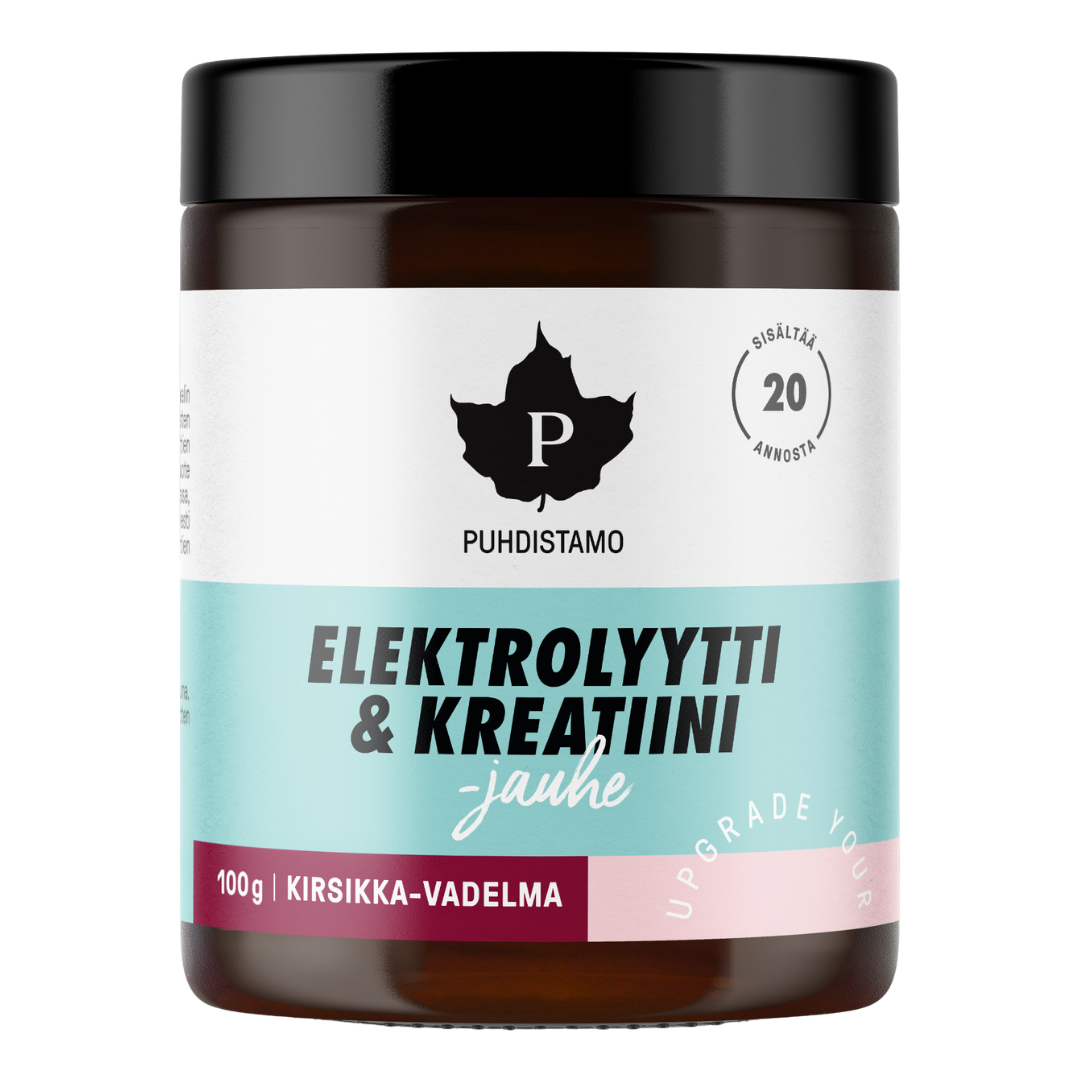 普赫迪斯塔莫 电解质与肌酸粉 樱桃-覆盆子 100 g|Puhdistamo Elektrolyytti & Kreatiini -jauhe Kirsikka-Vadelma 100 g