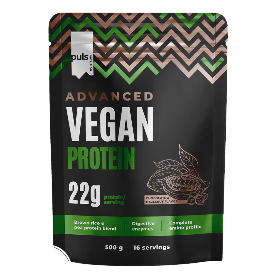 植物蛋白粉 巧克力榛子味 500 g|Puls Nutrition Advanced Vegan Protein - Kasviproteiinijauhe Suklaa & Hasselpähkinä 500 g