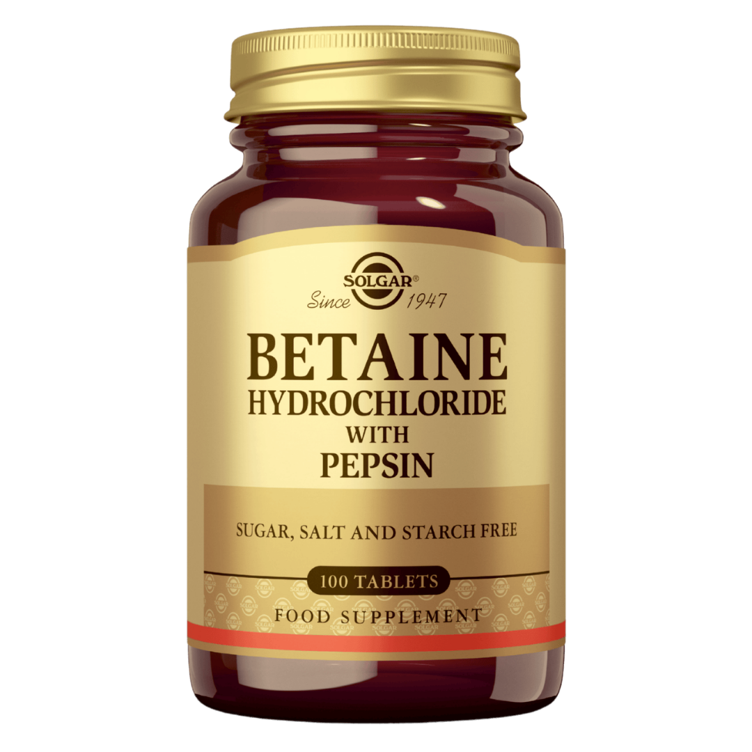 索尔加甜菜碱盐酸盐+胃蛋白酶100片|Solgar Betaine - Betaiinihydrokloridi + Pepsiini 100 tabl.