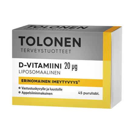 Tolonen 脂质体维生素D 20微克 45片 - 有效期至2026年10月|Tolonen D-Vitamiini Liposomaalinen 20 µg 45 tabl. - Päiväys 10/2026