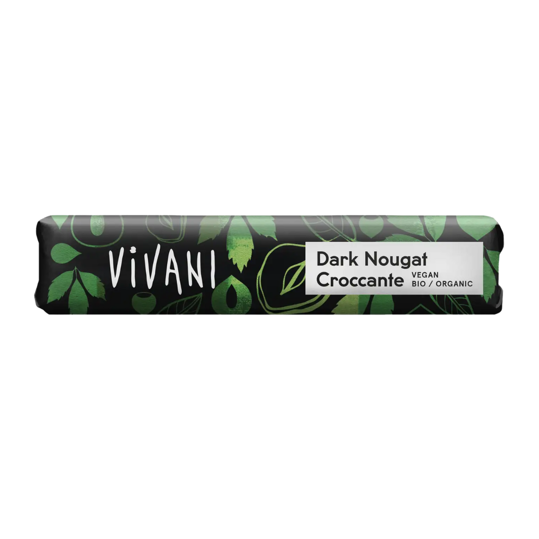 维瓦尼黑牛轧糖脆有机黑巧克力棒35克|Vivani Dark Nougat Croccante - Luomu Nougat Tummasuklaapatukka 35 g - Päiväys 11/2026