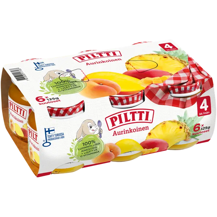 6xPiltti 6x125g Aurinkoinen hedelmäsose 4kk｜Piltti 6xPiltti 6x125g 阳光果泥 4 个月