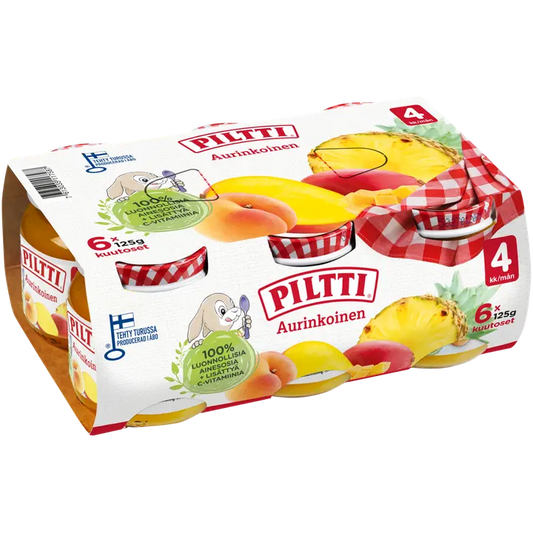 6xPiltti 6x125g Aurinkoinen hedelmäsose 4kk｜Piltti 6xPiltti 6x125g 阳光果泥 4 个月