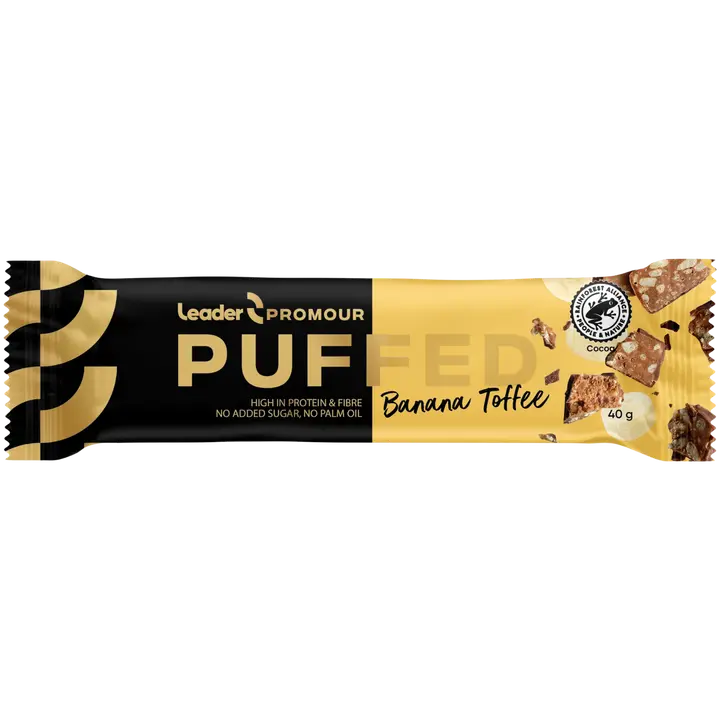 Leader Promour Puffed Banana-Toffee banaanin- ja toffeenmakuinen riisisuklaaproteiinipatukka 40 g-Leader Promour 膨化香蕉太妃糖香蕉和太妃糖风味大米巧克力蛋白棒 40 g