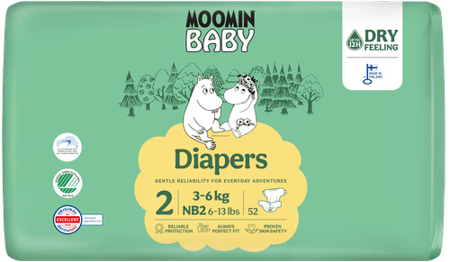 Moomin Baby 新生儿粘贴式纸尿裤 2号，52片，3-6公斤｜Moomin Baby Newborn teippivaippa koko 2, 52 kpl, 3-6 kg