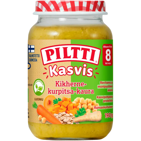 Piltti Kasvis 190g Kikherne-kurpitsa-kaura lastenateria 8kk Luomu｜Piltti 蔬菜 190g 鹰嘴豆南瓜燕麦儿童餐 8 个月有机