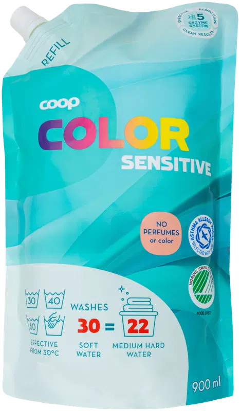 Coop 彩色衣物敏感肌洗衣液补充装 900 ml｜Coop Color Sensitive kirjopyykin pesuneste täyttöpakkaus 900 ml