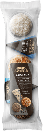 Arla Castello 5 x 20 g MiniMix  2 kpl sinihome à 20g, , ananas-, manteli 20g,  mustapippuri 20g, lime-kookos 20g juustolajitelma