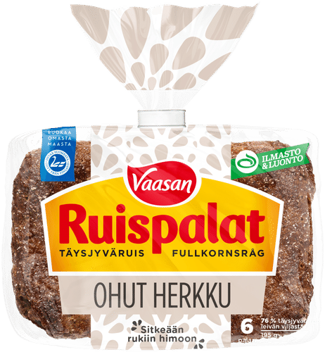 Vaasan Ruispalat Ohut Herkku 195g 6 kpl täysjyväruisleipä｜Vaasan 黑麦薄片美味 195克 6块全麦黑麦面包