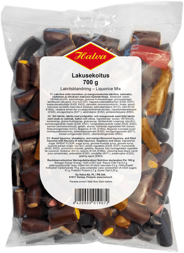Halva Lakusekoitus 700 g Salmiakin-, sitruunan- ja vadelmanmakuisia täytelakritseja,mangolakritsia, mansikkalakritsia ja mustaa lakritsia.