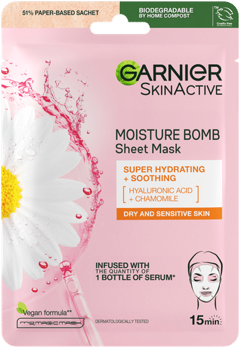 Garnier SkinActive 卡尼尔水润保湿面膜（干性及敏感肌） 32g｜Garnier Skin Active Moisture Bomb kosteuttava kangasnaamio kuivalle ja herkälle iholle 32g