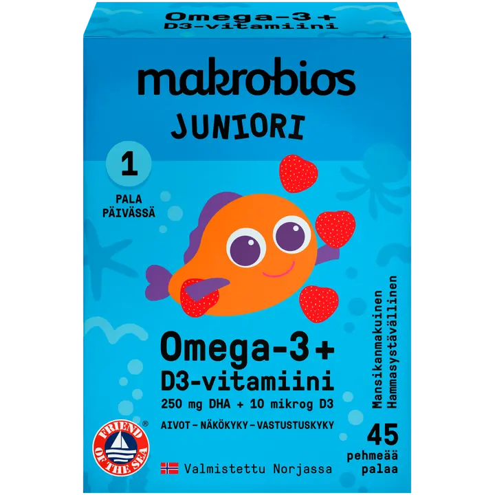 Makrobios Juniori Omega-3 + D3-vitamiini 45 kpl 63g-Makrobios 青少年 Omega-3 + 维生素 D3 45 粒 63g
