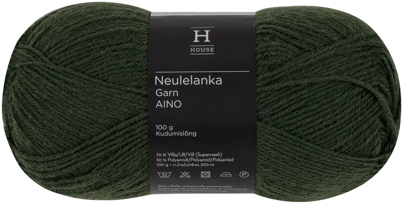 House Aino 羊毛混纺线 100克 深绿 1490｜House lanka Aino villasekoite 100 g tummanvihreä 1490