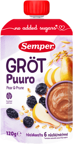 Semper 梨与李子即食婴儿粥（6个月起） 120g｜Semper Puuro Päärynä & luumu 6kk käyttövalmis lastenpuuro 120g