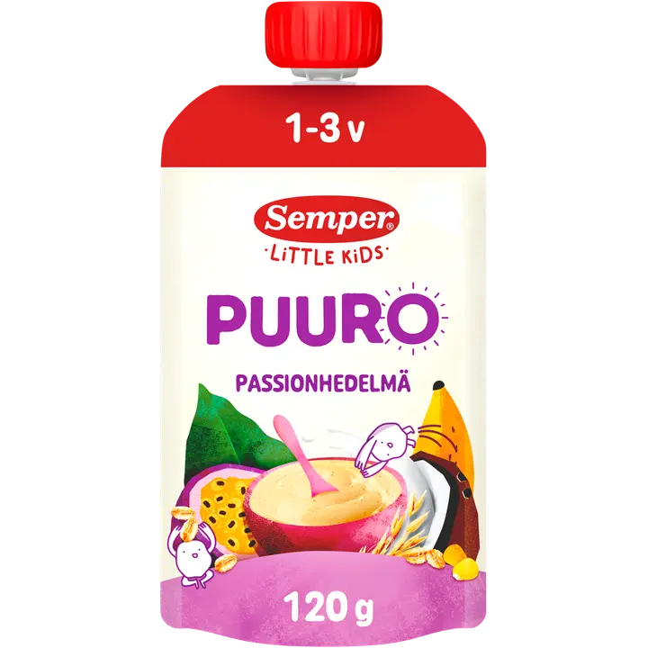 Semper Puuro Banaani, passionhedelmä & kookosmaito 1-3v.  käyttövalmis lastenpuuro 120g｜Semper 香蕉、百香果和椰奶粥 1-3 年。  即食儿童粥 120g
