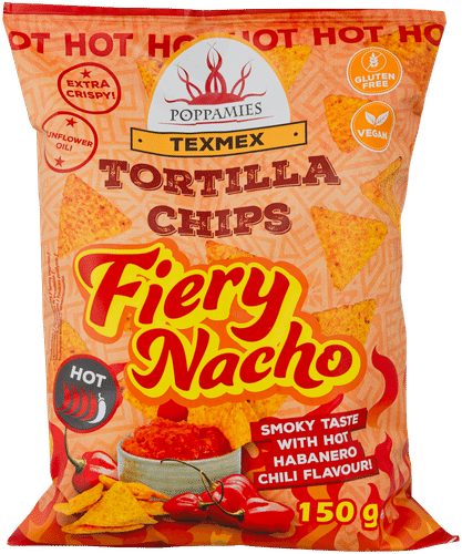 Poppamies Texmex Tortilla Chips Fiery Nacho habanerochilin makuiset maissilastut 150g