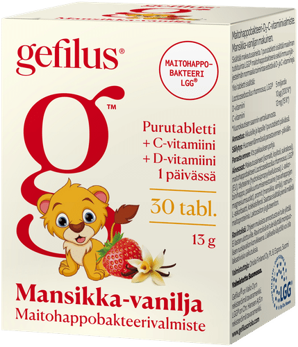 Gefilus 草莓乳酸菌-D3-维生素C制剂咀嚼片30片13g gravinto补充剂｜Gefilus mansikka maitohappobakteeri-D3-C-vitamiinivalmiste purutabletti 30tabl 13g gravintolisä